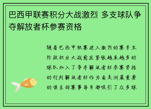 巴西甲联赛积分大战激烈 多支球队争夺解放者杯参赛资格